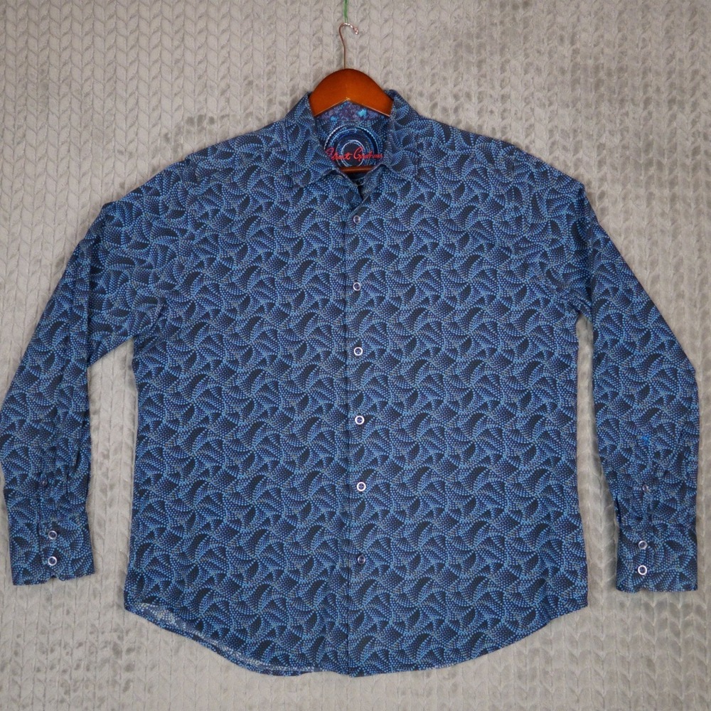 Robert Graham Button Down Shirt Men L Blue Geometric Dot Classic Fit Long Sleeve